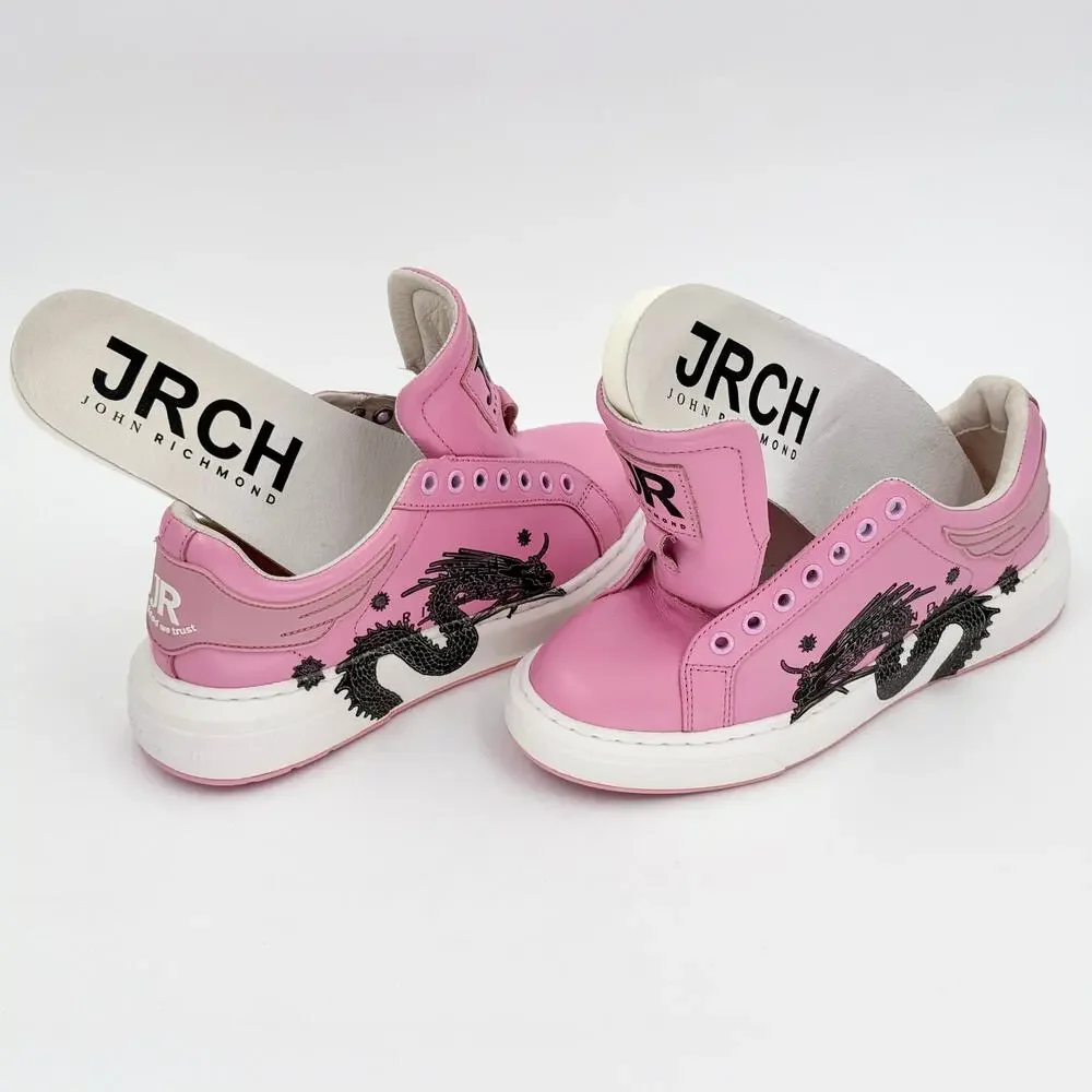 John Richmond JRCH Pink Dragon Print Leather Low Top Sneakers Women’s